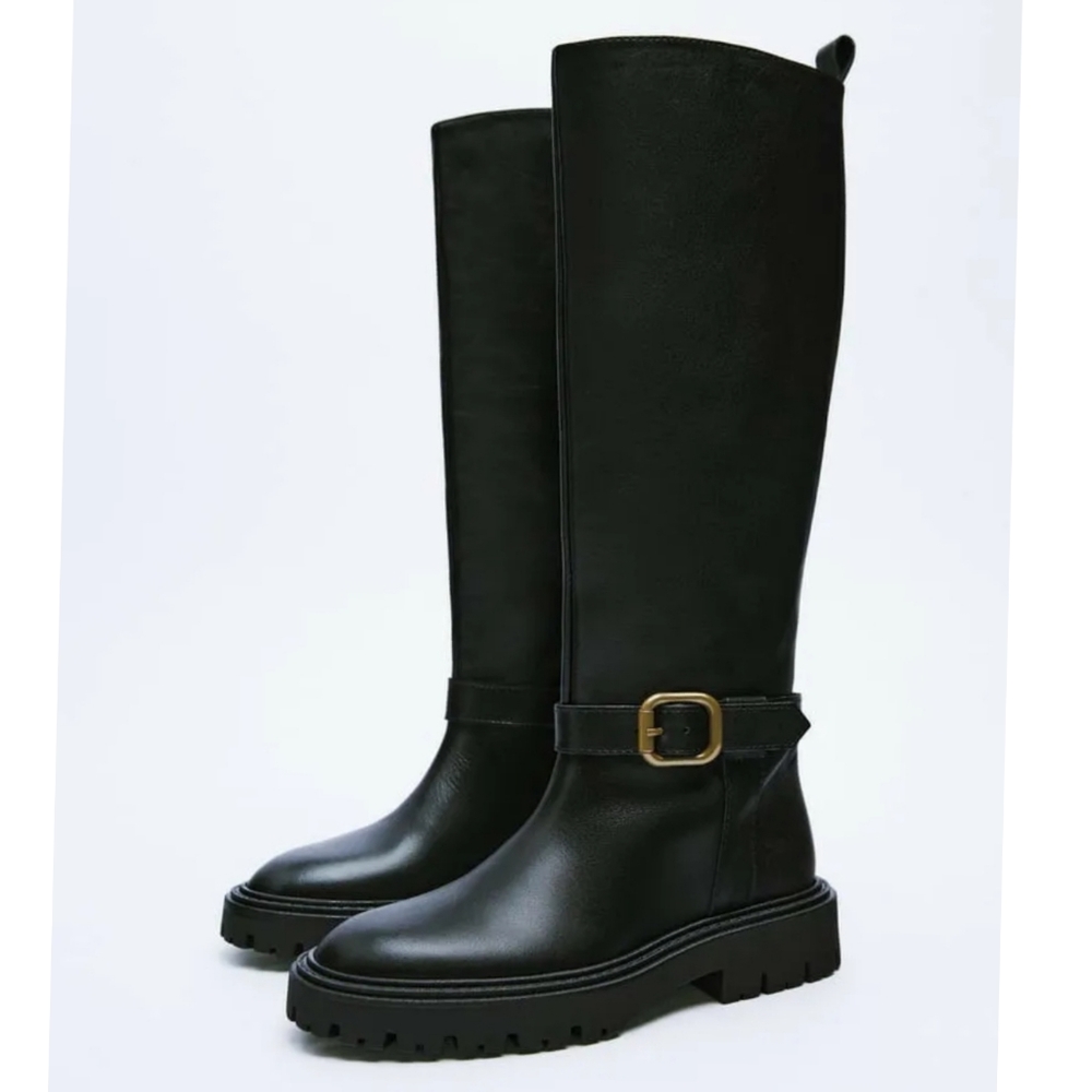 ZARA FLAT LEATHER BOOTS WITH BUCKLE - Picture 5 of 9